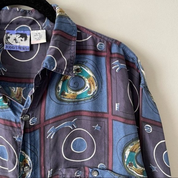 Vintage Abstract Print Silk Button Down Shirt Womens Large - Picture 6 of 6